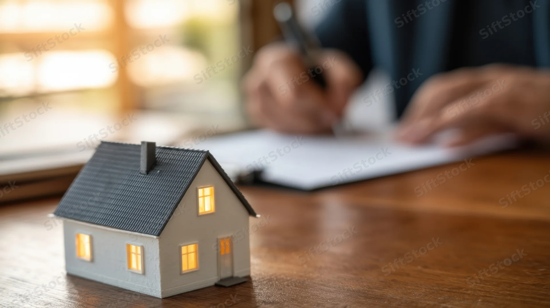 Miniature house model on wooden desk with person signing document in background
