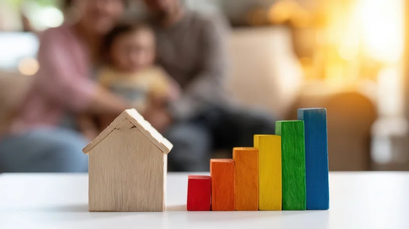 Wooden house model and colorful blocks arranged as a growth chart on a table with a family in the background