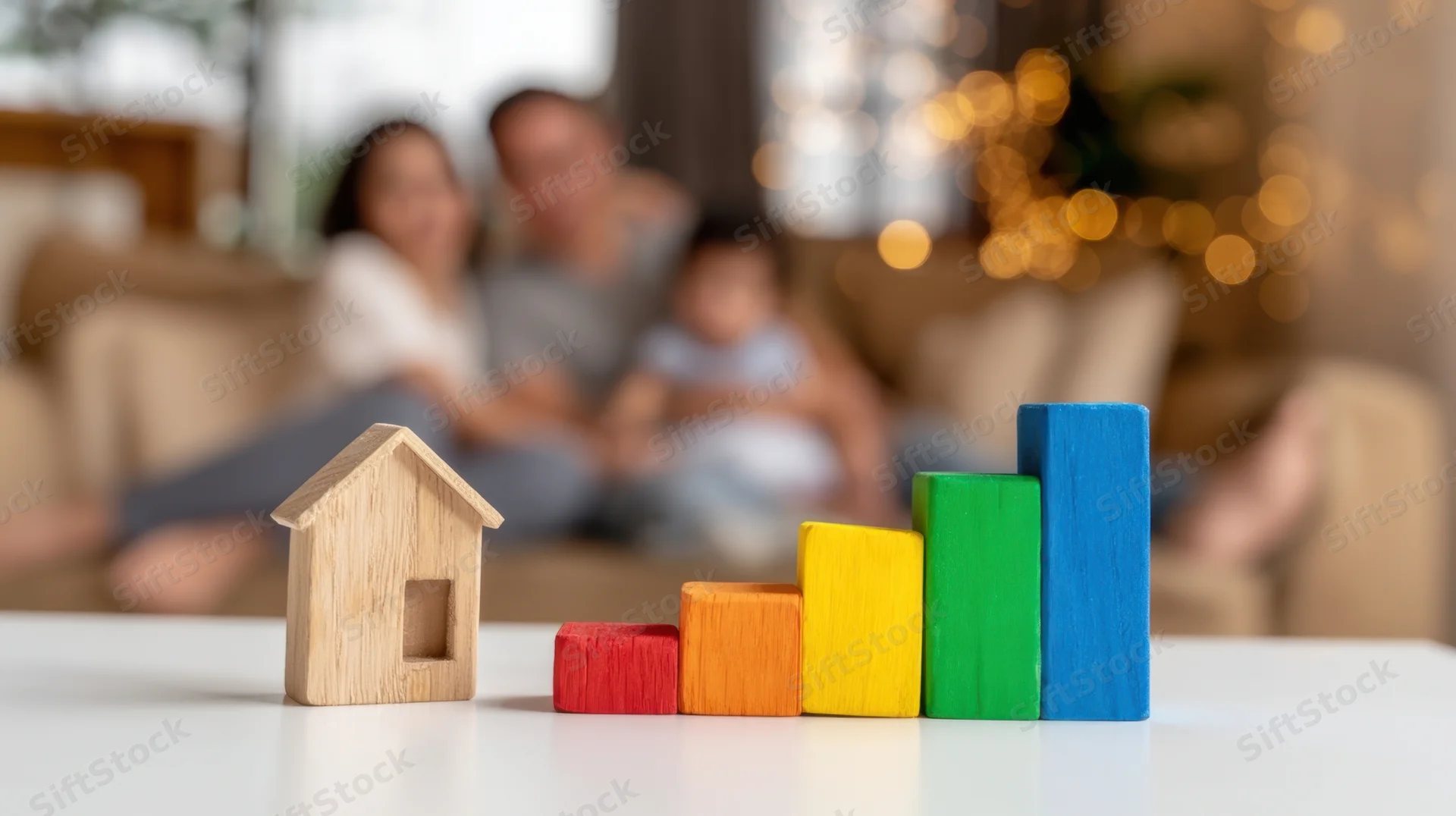 Wooden house model and colorful blocks arranged on a table with a family relaxing on a sofa in the background