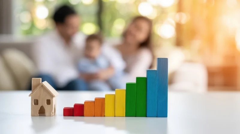 Wooden house model and colorful rising blocks on white table with blurred family in living room background