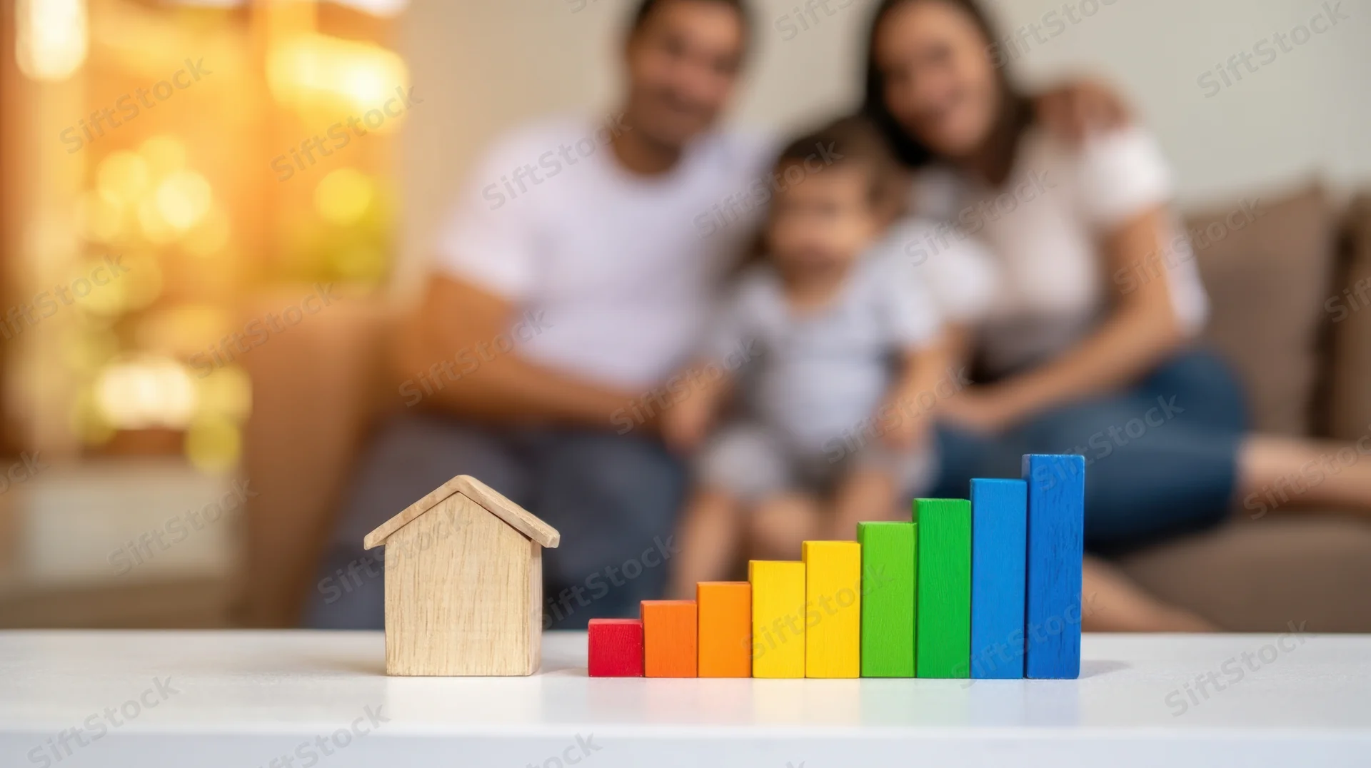 Wooden house model and colorful ascending blocks on white table with family on sofa in background