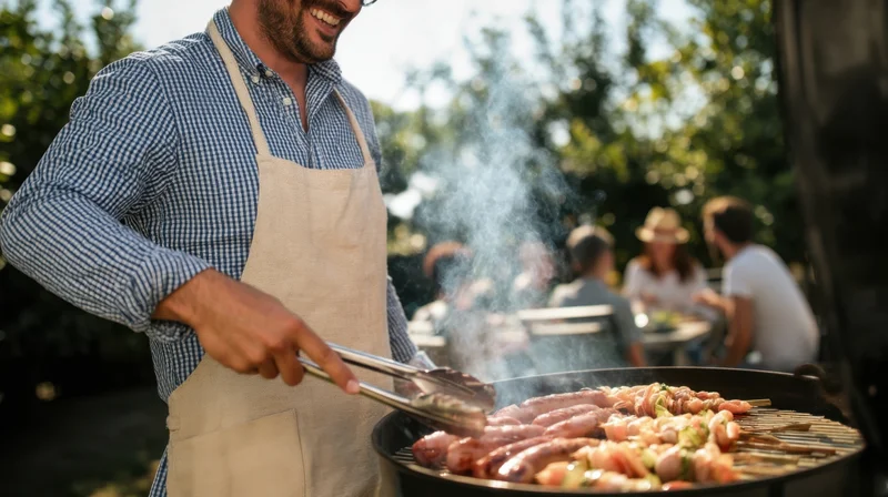 Man grilling sausages and skewers on a barbecue in a garden with people gathered in the background