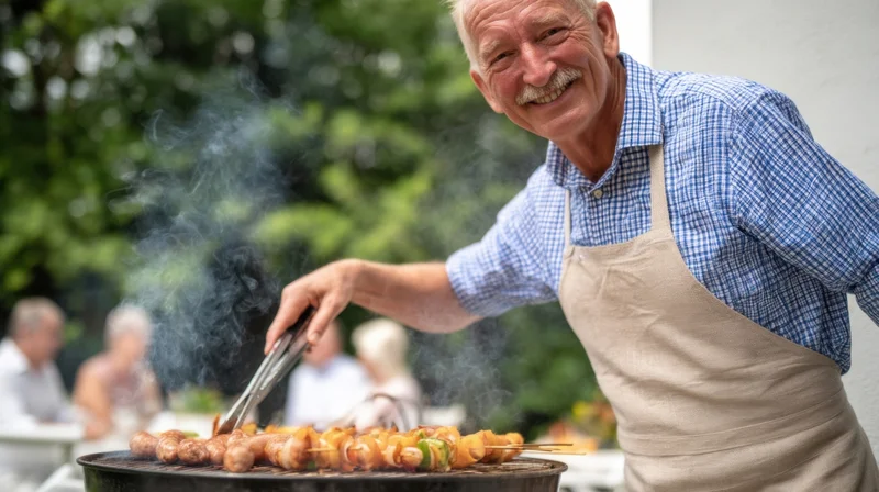 Senior man grilling skewered sausages and vegetables on a barbecue in a garden patio setting