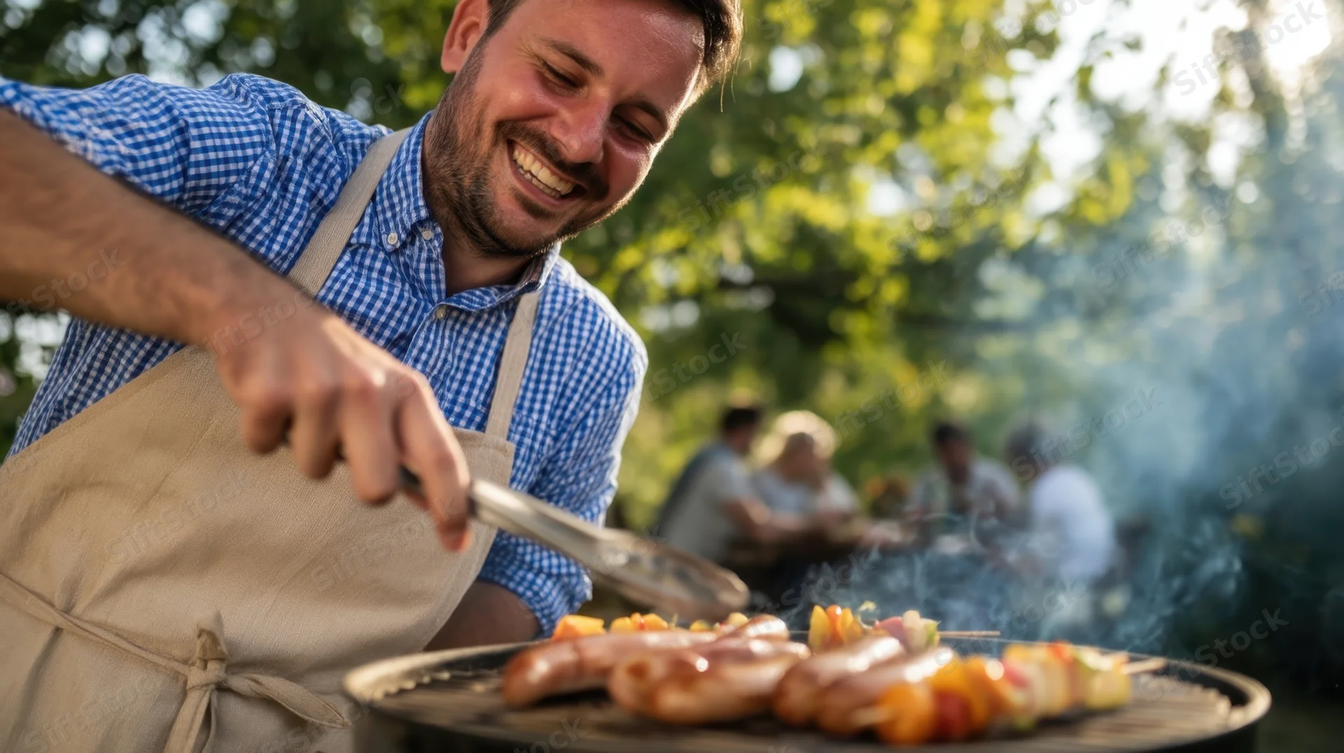 Man grilling sausages and vegetables on a barbecue in a garden with friends in the background