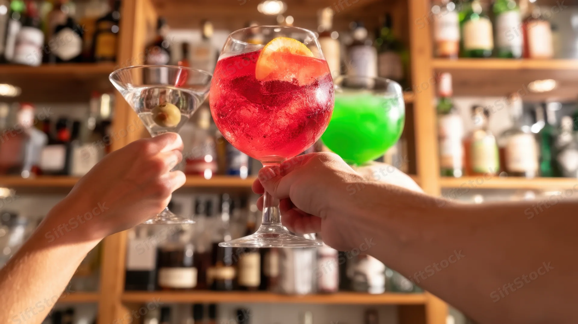 Hands toasting with cocktails in a bar setting