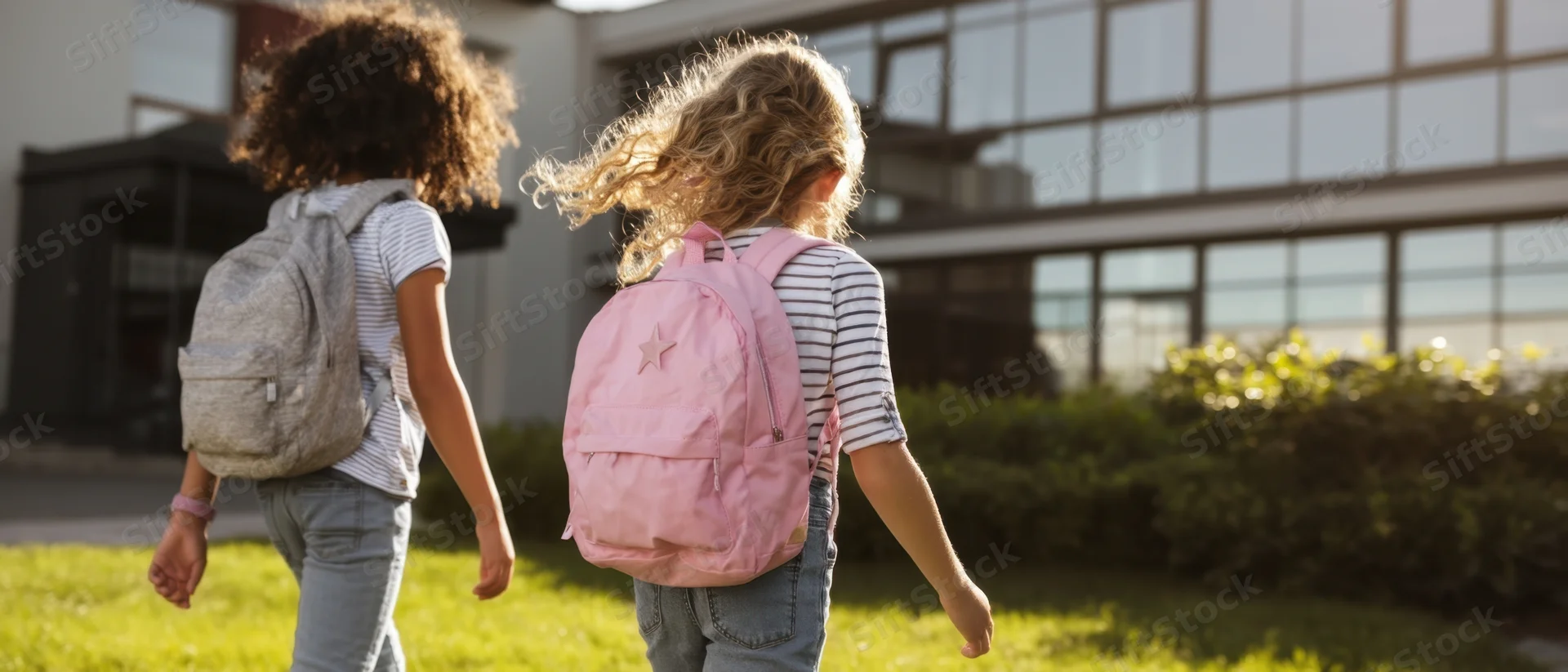 Two young girls with backpacks walking toward a school building on a sunny day