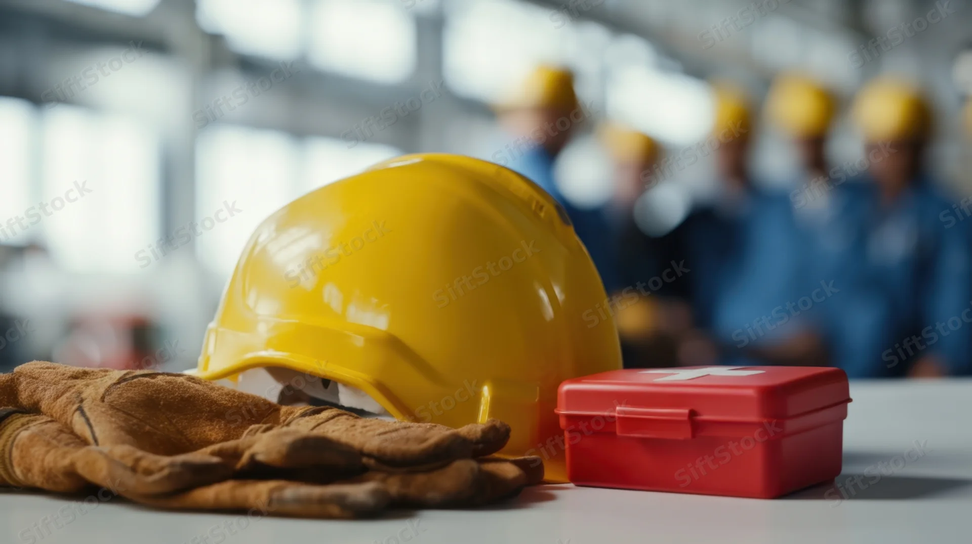 Yellow hardhat and leather gloves with red first aid kit on table in front of construction workers in factory setting