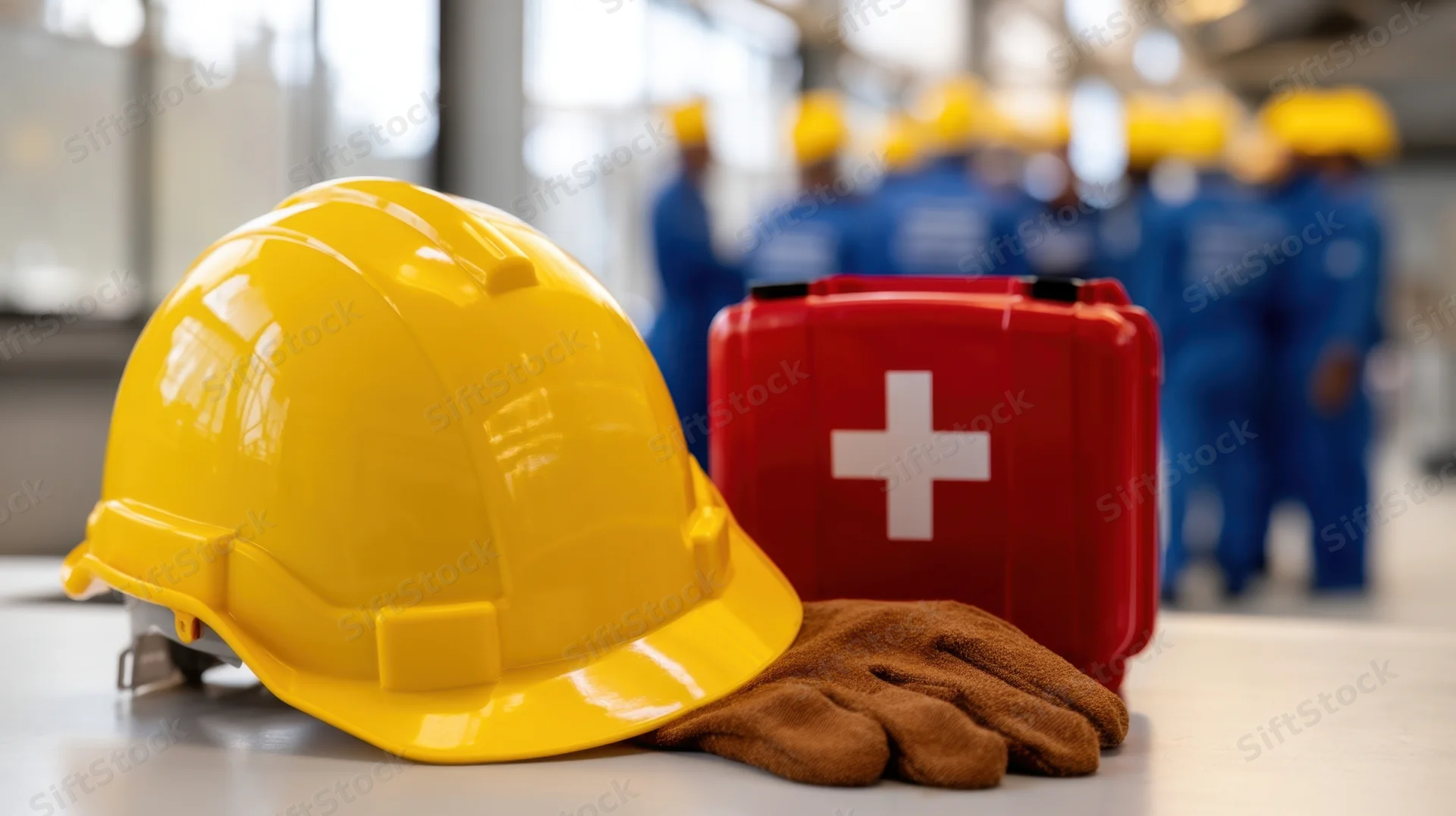 Yellow hardhat and red first aid kit with gloves on table in front of construction workers in blue uniforms