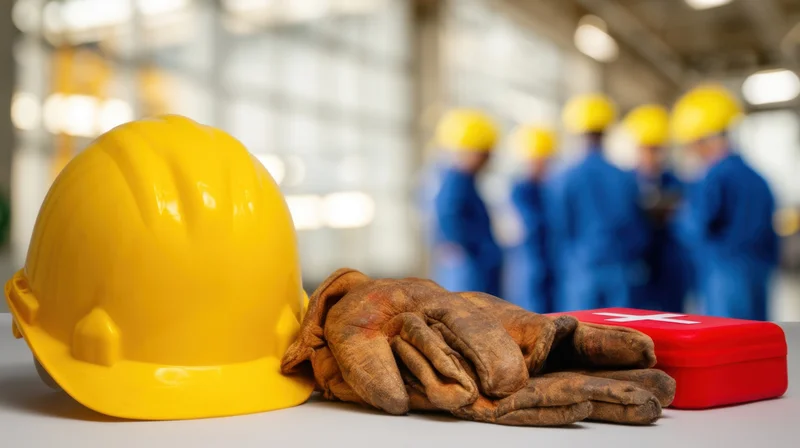 Yellow hardhat and worn leather gloves resting on a table with a red first aid kit in a factory setting, with blurred workers in blue uniforms and yellow helmets in the background