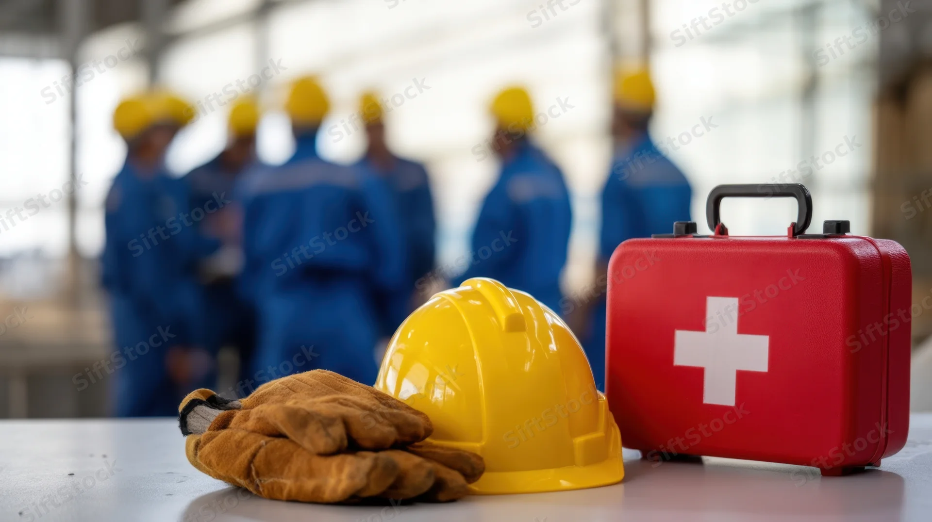 Yellow hardhat, red first aid kit and brown gloves on table with construction workers in blue uniforms in background