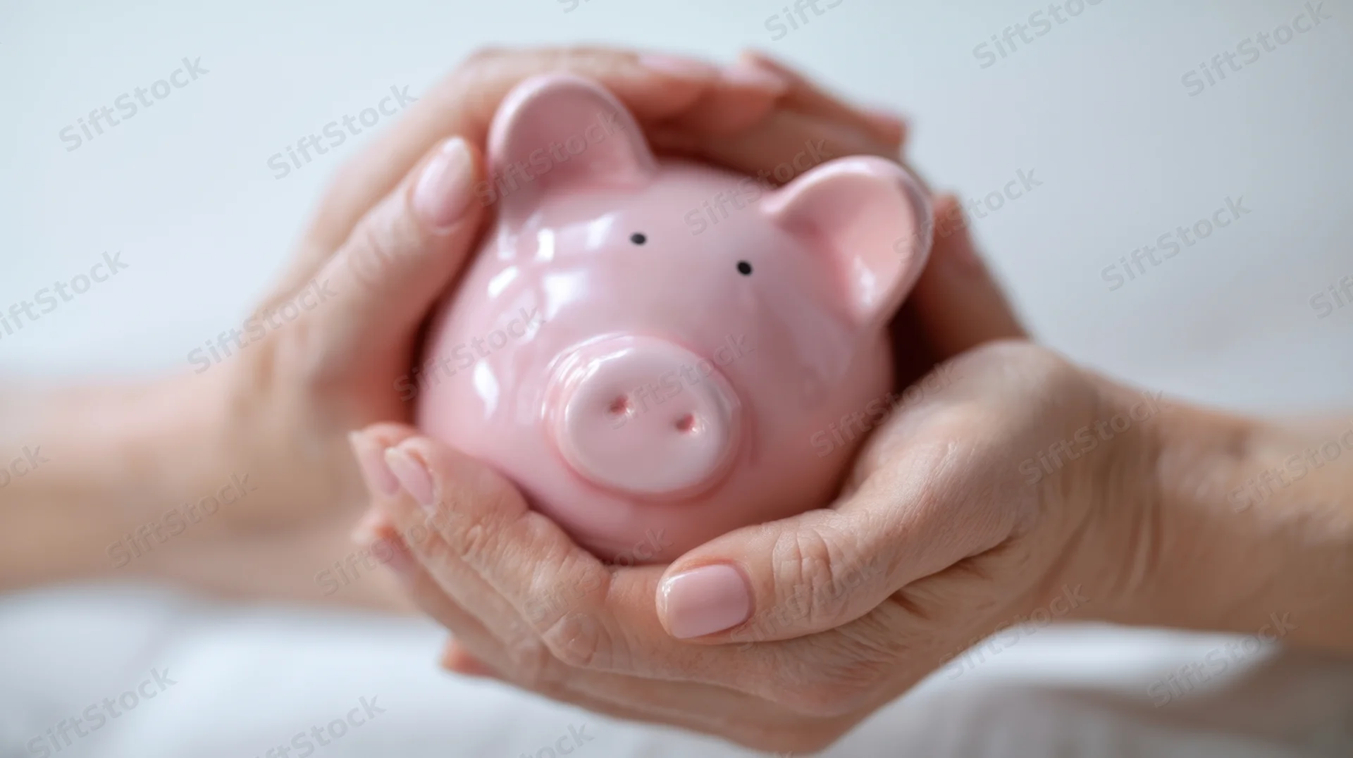 Woman's hands holding a pink ceramic piggybank against a white background