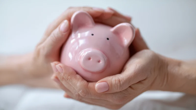Woman's hands holding a pink ceramic piggybank against a white background