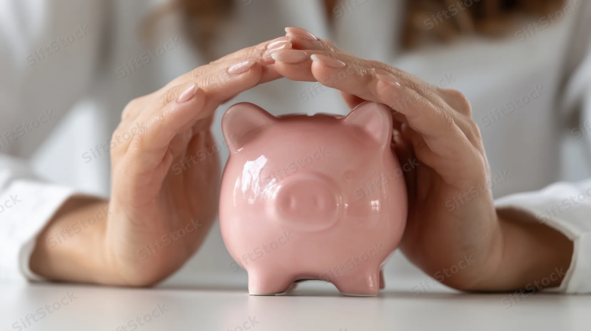 Woman’s hands shielding a pink piggybank on a white tabletop