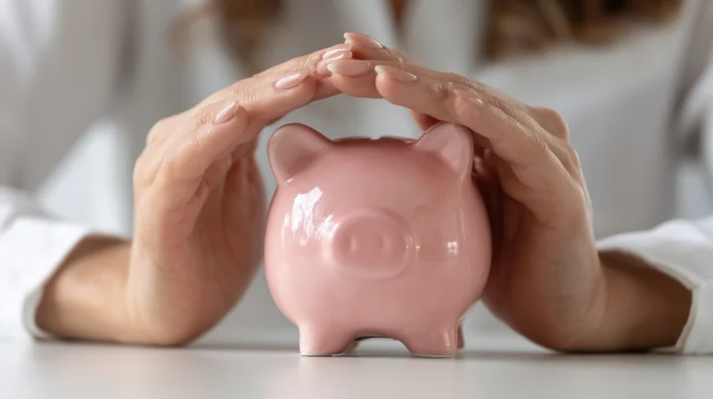 Woman’s hands shielding a pink piggybank on a white tabletop