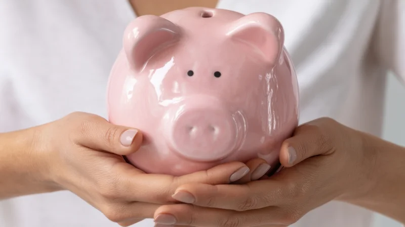Woman holding a pink ceramic piggybank with both hands
