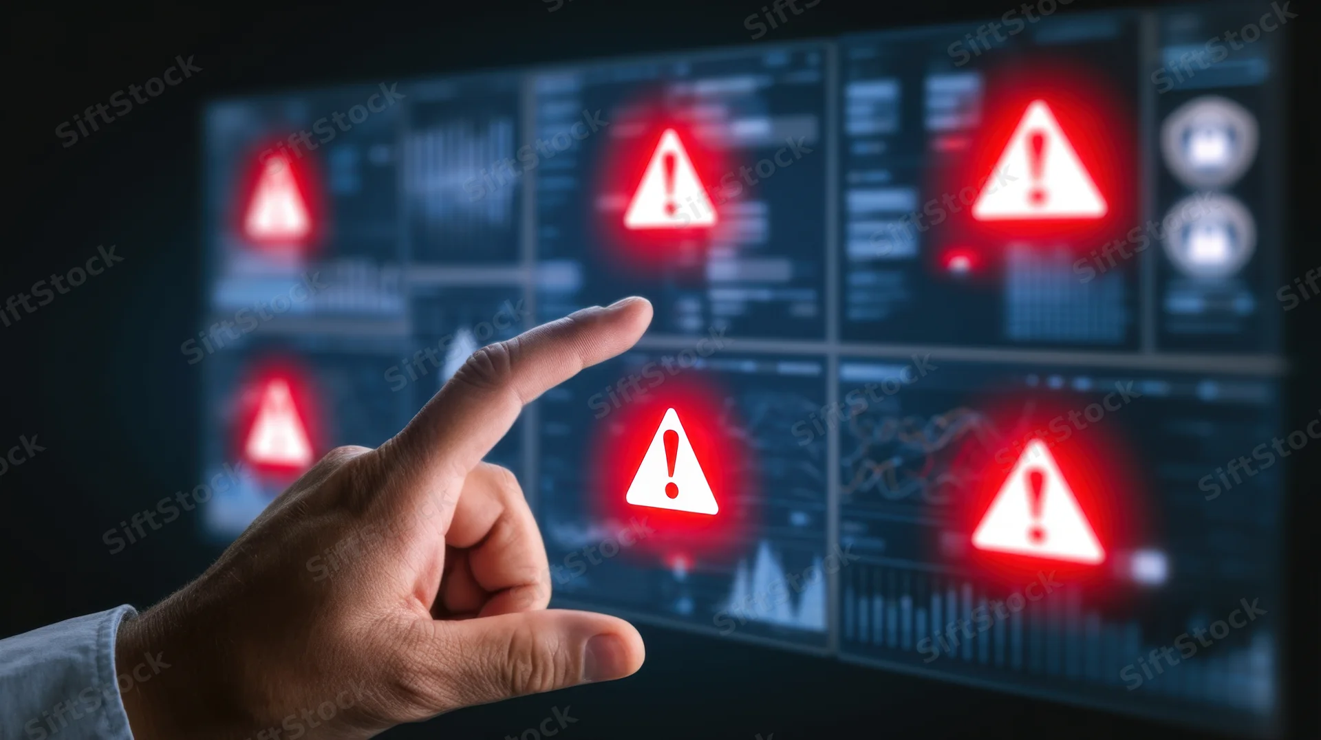 Hand pointing at red warning symbols on a digital security dashboard