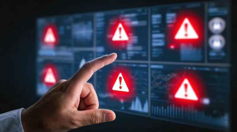 Hand pointing at red warning symbols on a digital security dashboard
