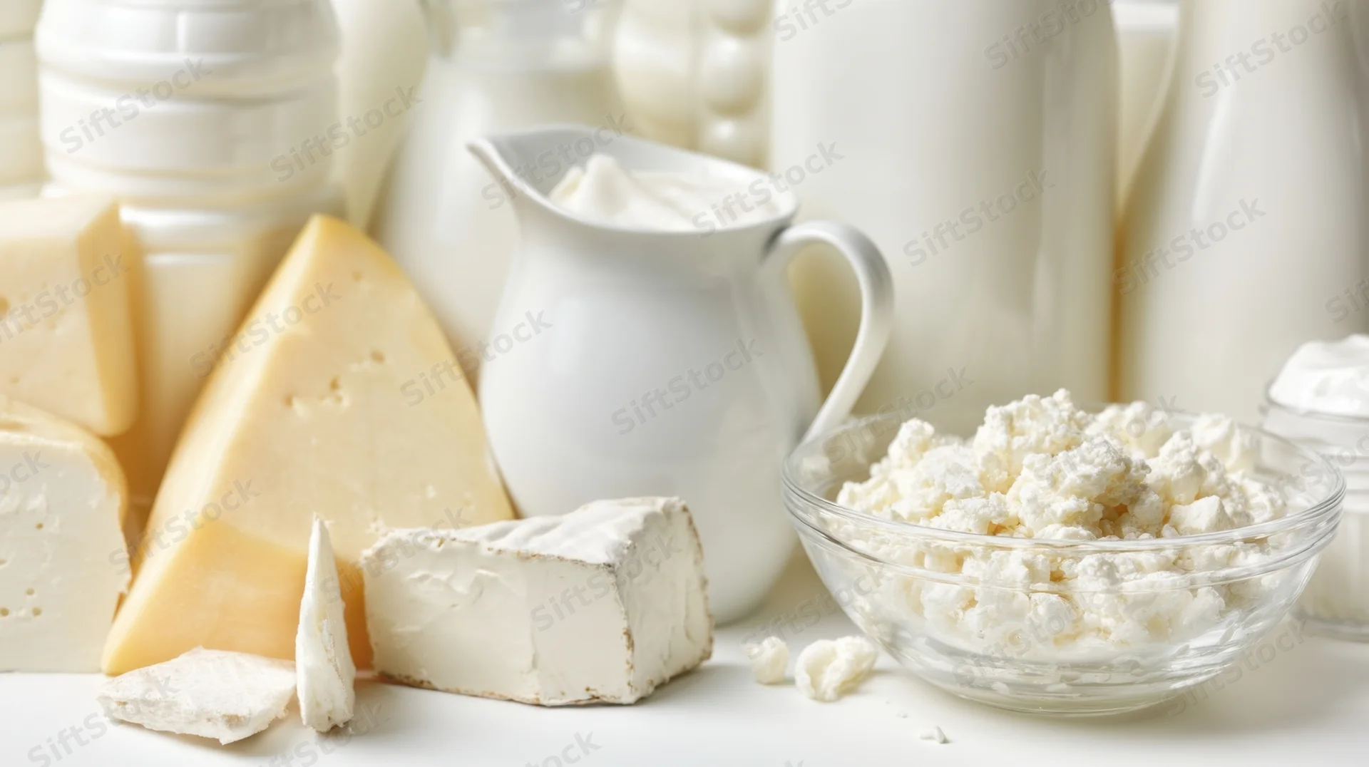 Various dairy products including cheese, milk, yogurt and cottage cheese arranged on a white surface