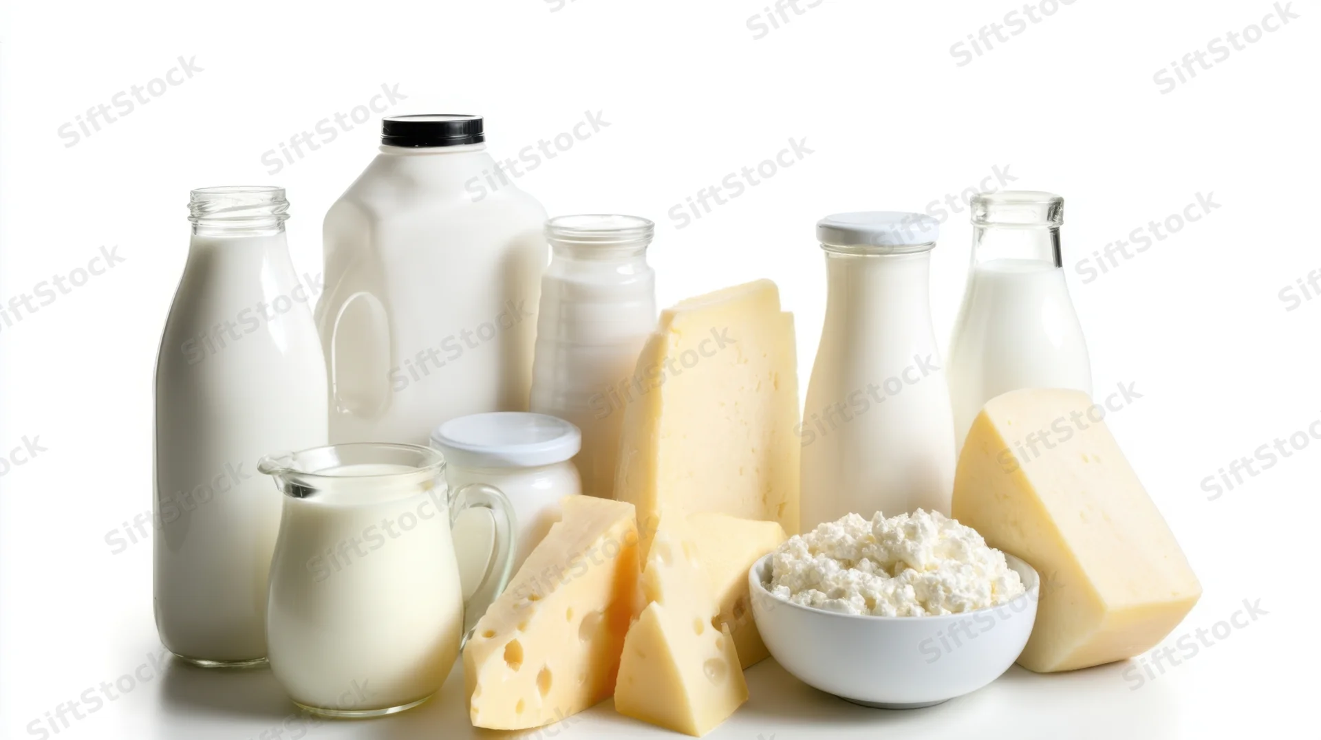 Various dairy products including milk, cheese, and yogurt arranged on a white surface