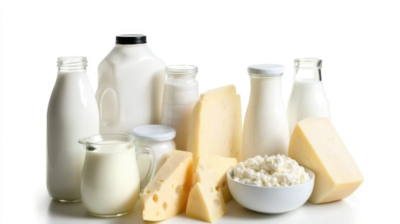 Various dairy products including milk, cheese, and yogurt arranged on a white surface