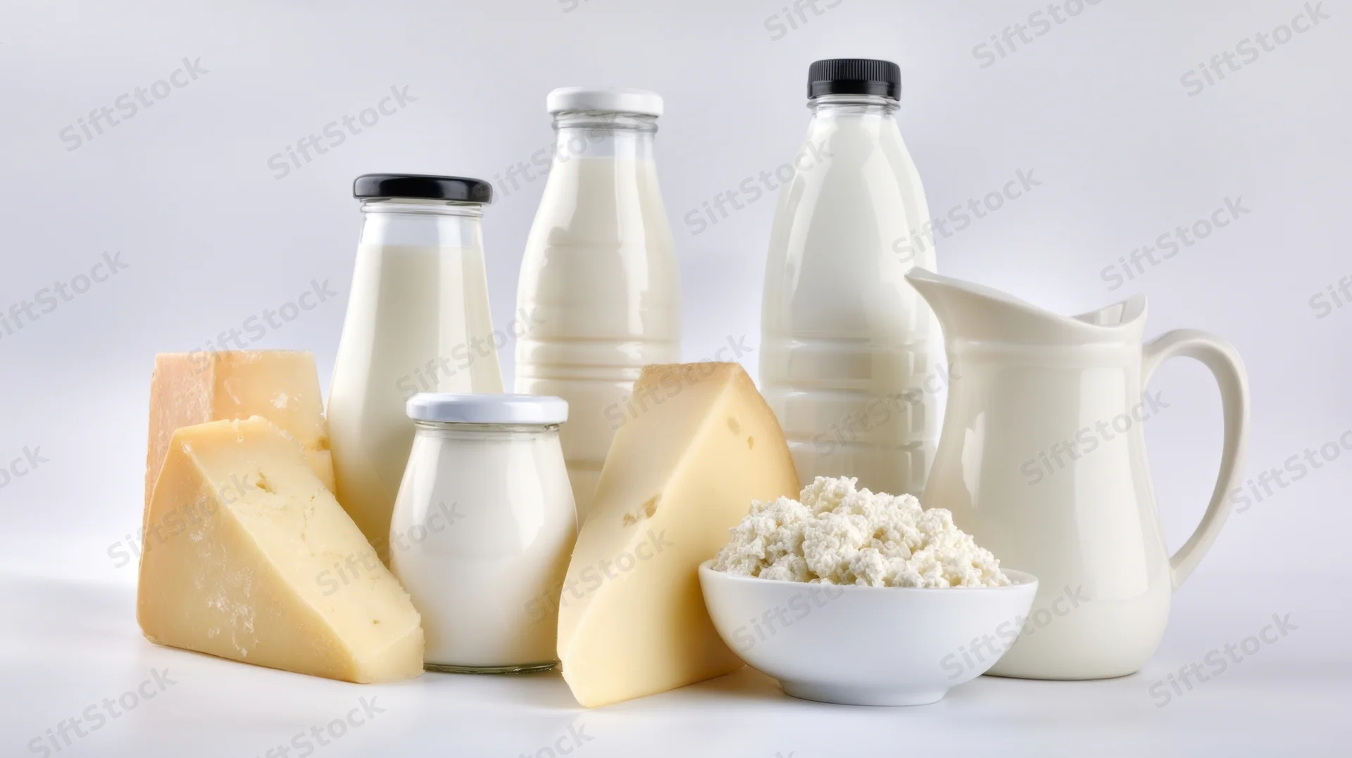 Various dairy products including milk, cheese, yogurt, and cream arranged on a white surface