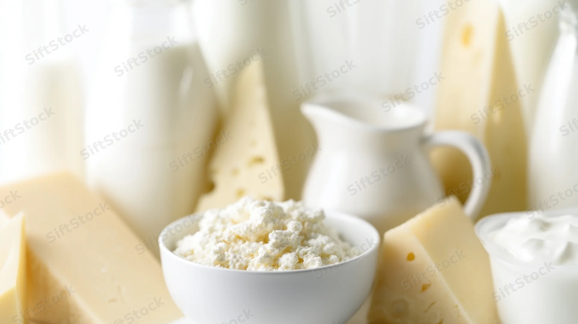 Various dairy products including cheese, milk, yogurt, and cottage cheese arranged on a table with copyspace