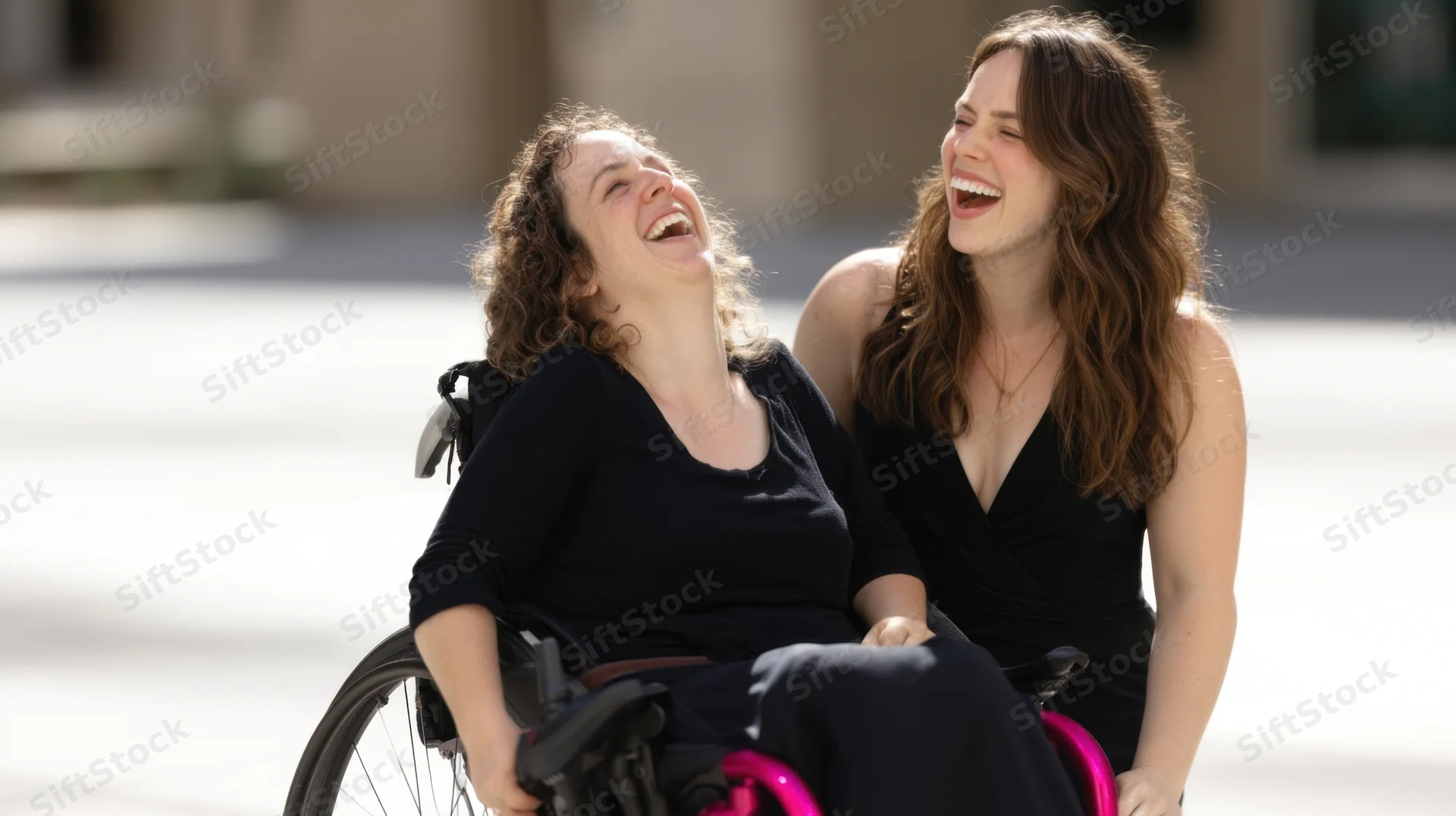 Two women laughing together outdoors, one in a wheelchair, sharing a joyful moment on a sunny day