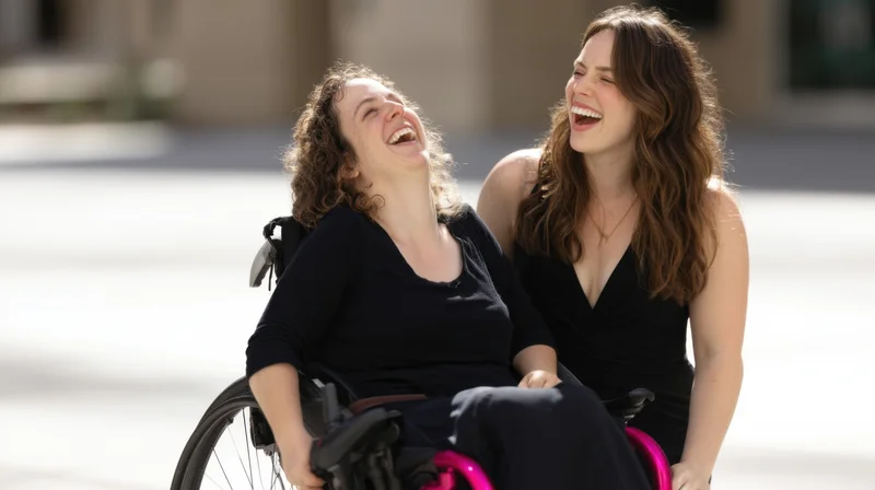 Two women laughing together outdoors, one in a wheelchair, sharing a joyful moment on a sunny day