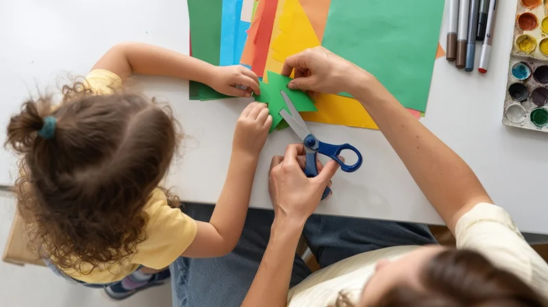 Woman and child cutting colorful paper together at a table