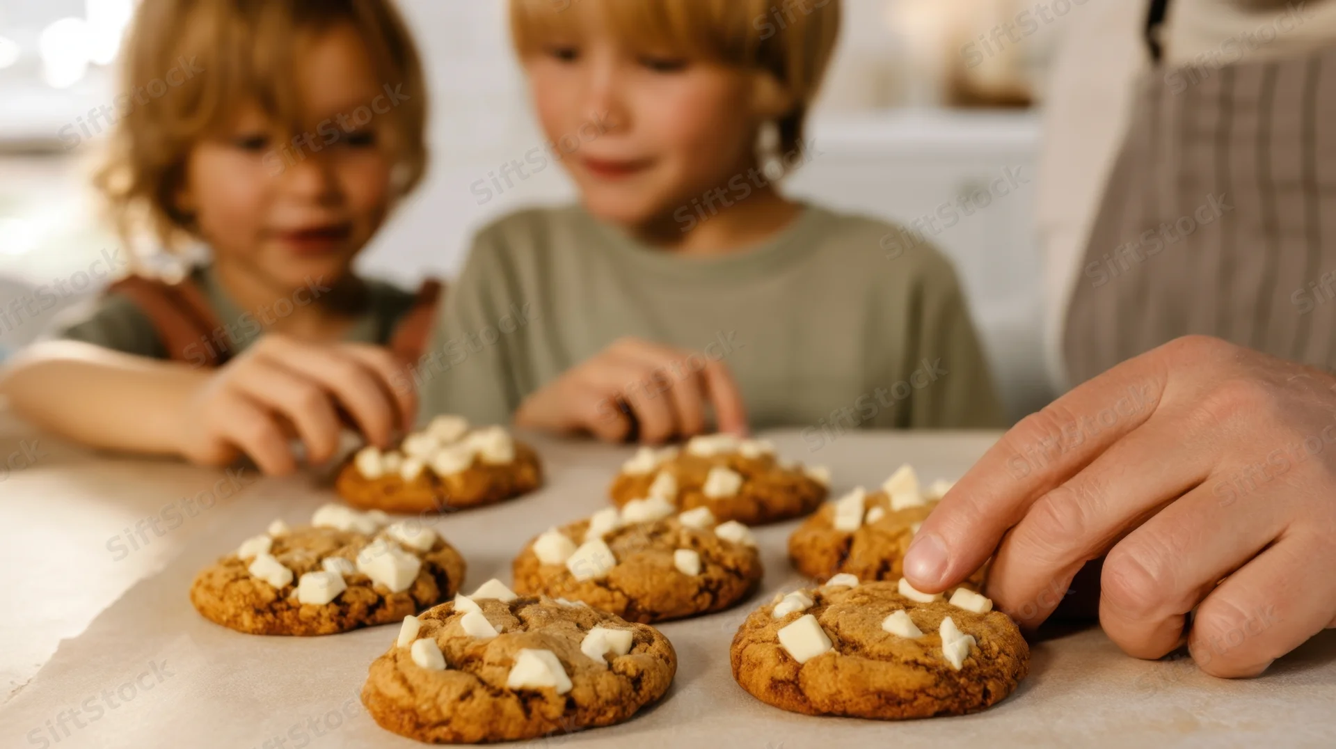 Children and an adult arranging freshly baked white chocolate chip cookies on parchment paper in a kitchen