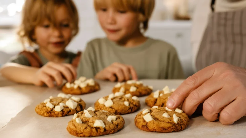 Children and an adult arranging freshly baked white chocolate chip cookies on parchment paper in a kitchen