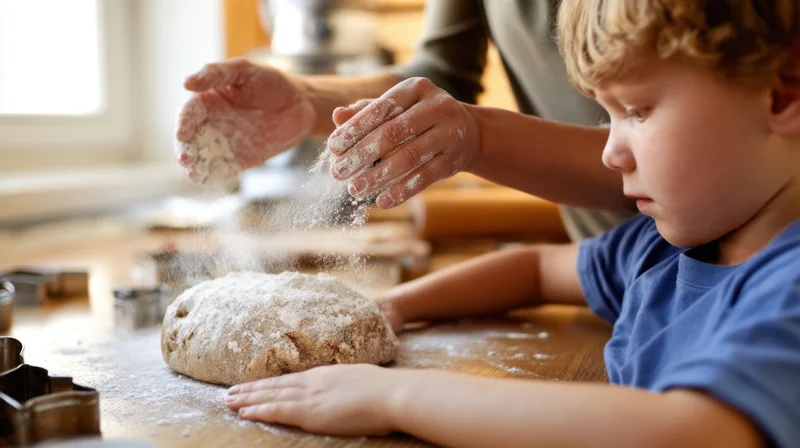 Child focused on baking dough with flour dusting on wooden kitchen countertop beside mother's hands