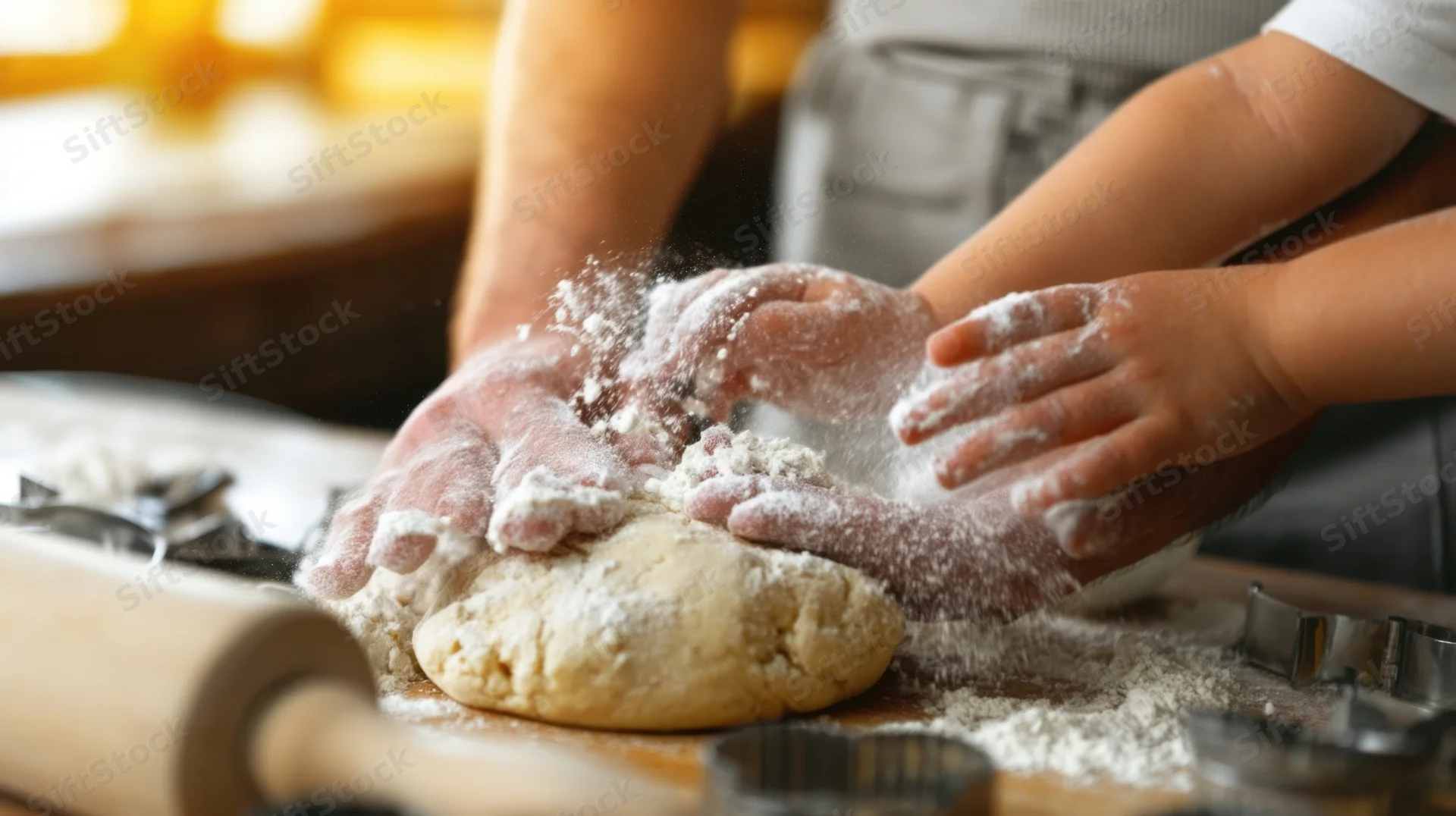 Child and adult kneading dough together on a floured wooden board in a kitchen