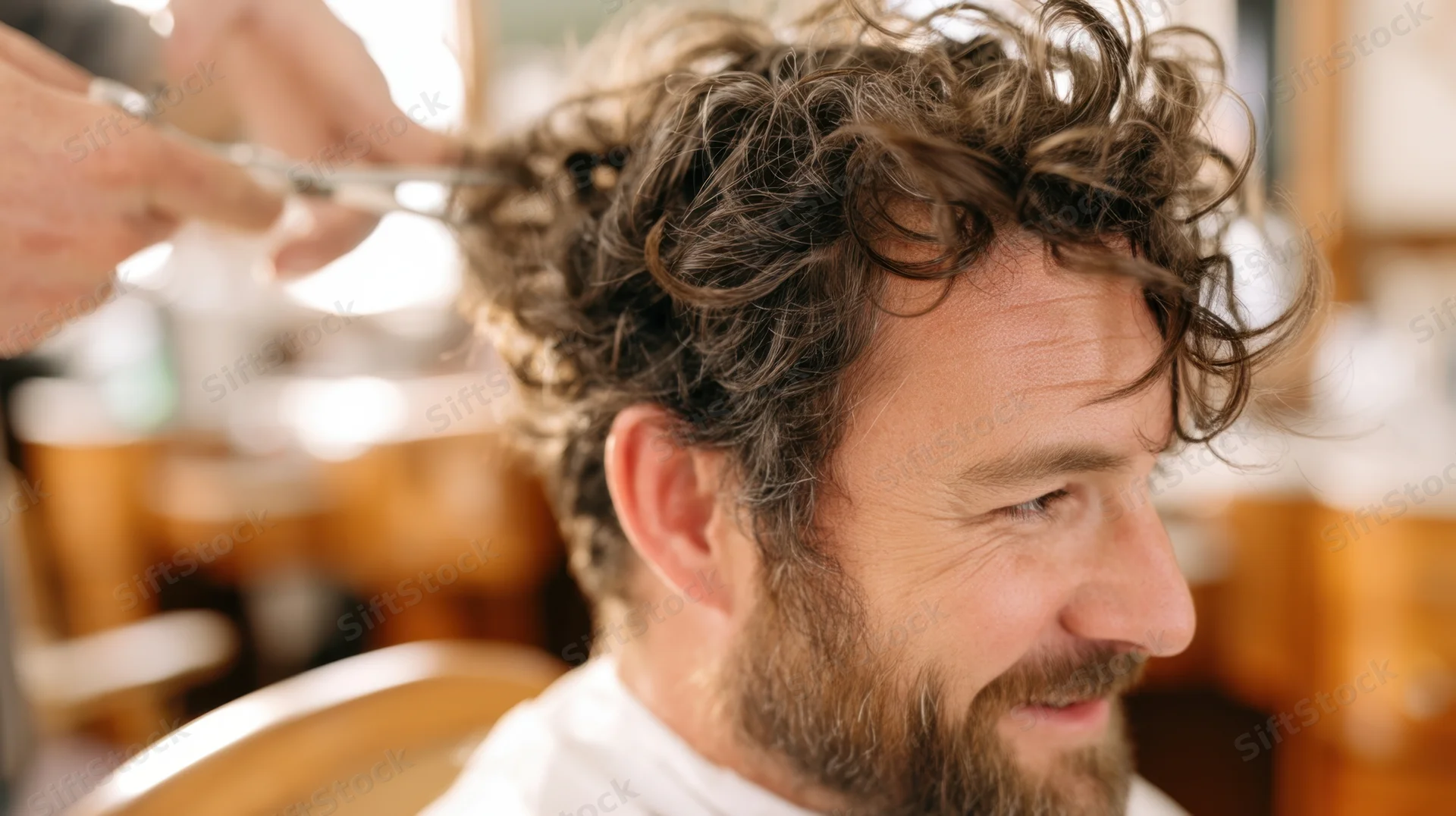 Man receiving haircut in salon, smiling, side profile view