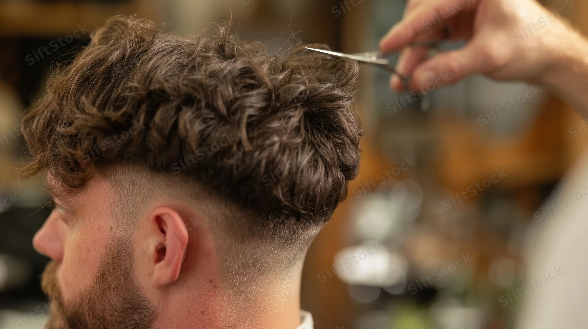Man receiving haircut with scissors in barbershop
