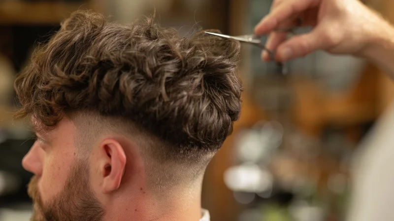 Man receiving haircut with scissors in barbershop