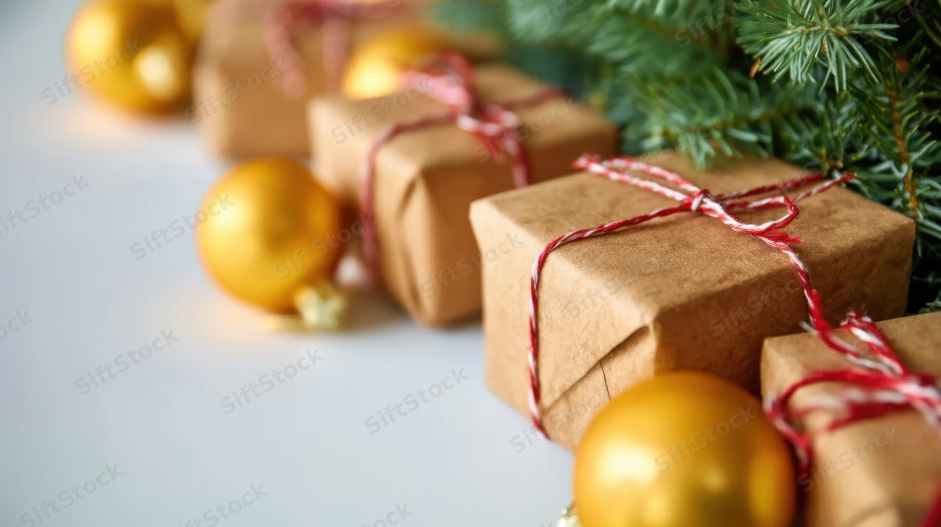 Wrapped gifts with gold ornaments and pine branches on a white surface
