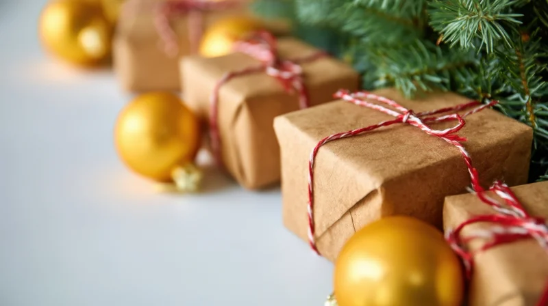 Wrapped gifts with gold ornaments and pine branches on a white surface