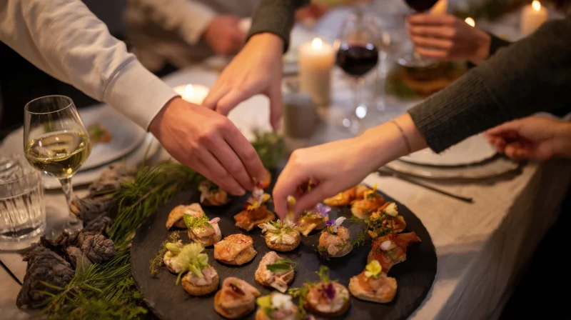 Hands serving gourmet canapes on a slate platter at a candlelit dinner table