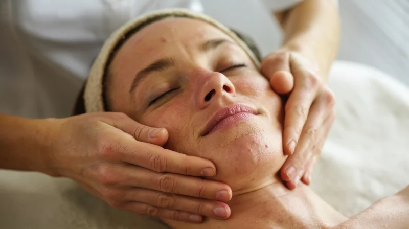 Woman receiving facial massage with hands on her face in a spa setting