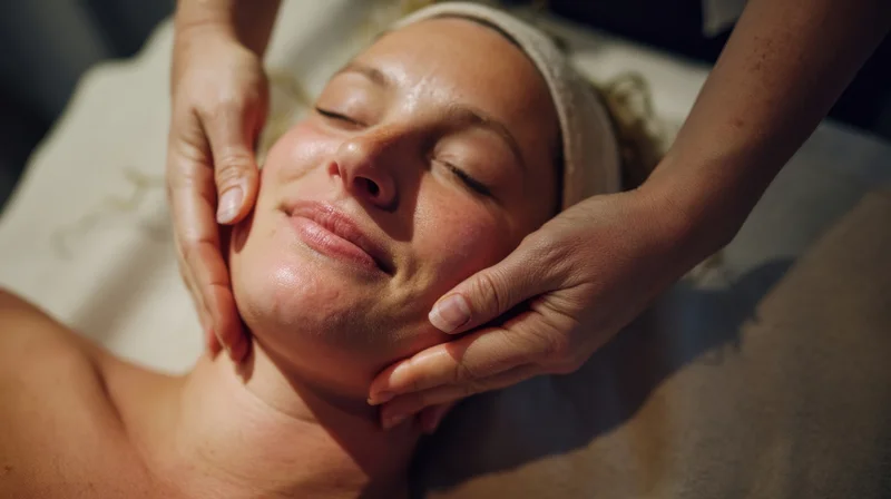 Woman receiving facial massage in spa treatment room