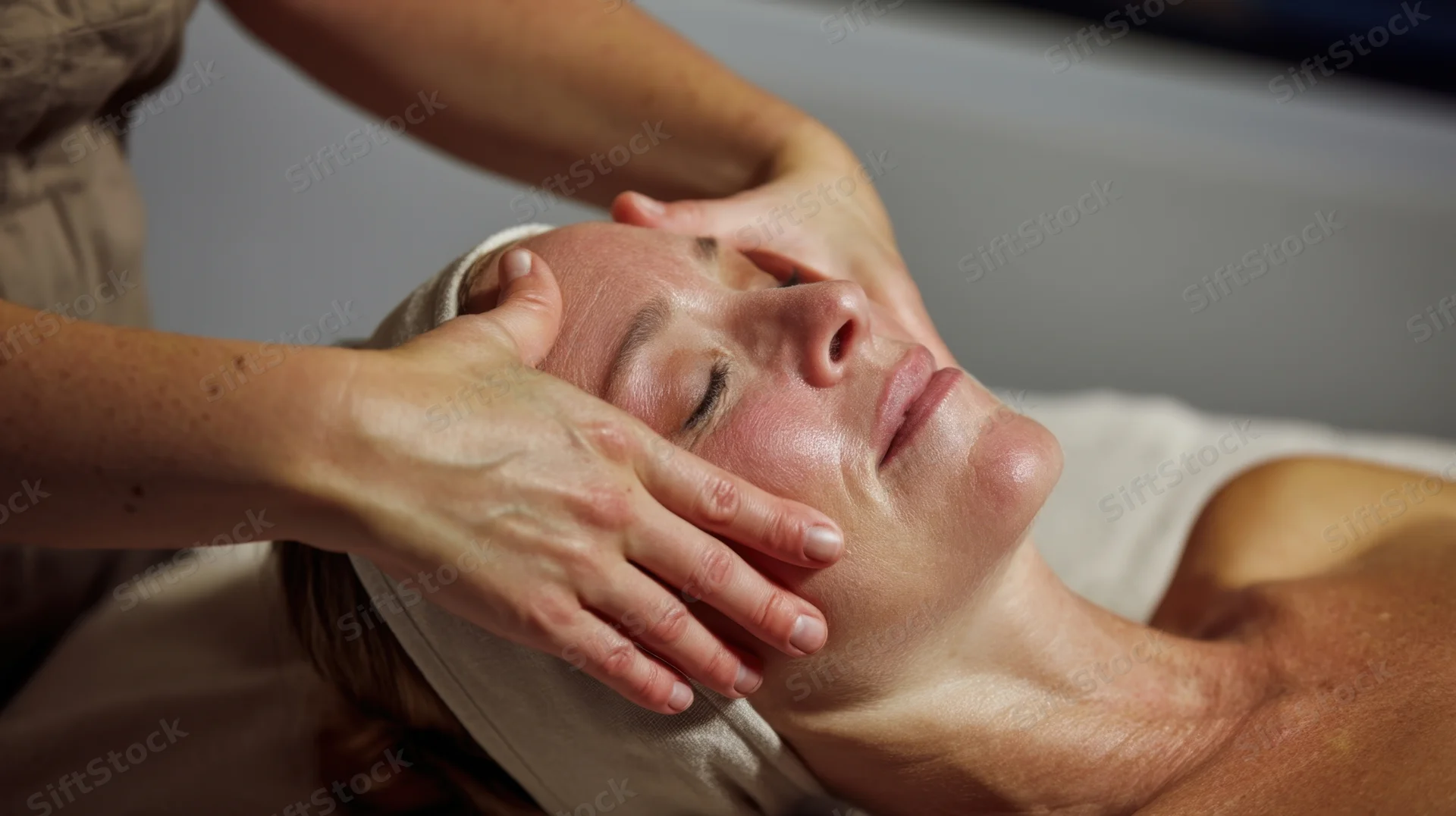 Woman receiving facial massage in a spa treatment room