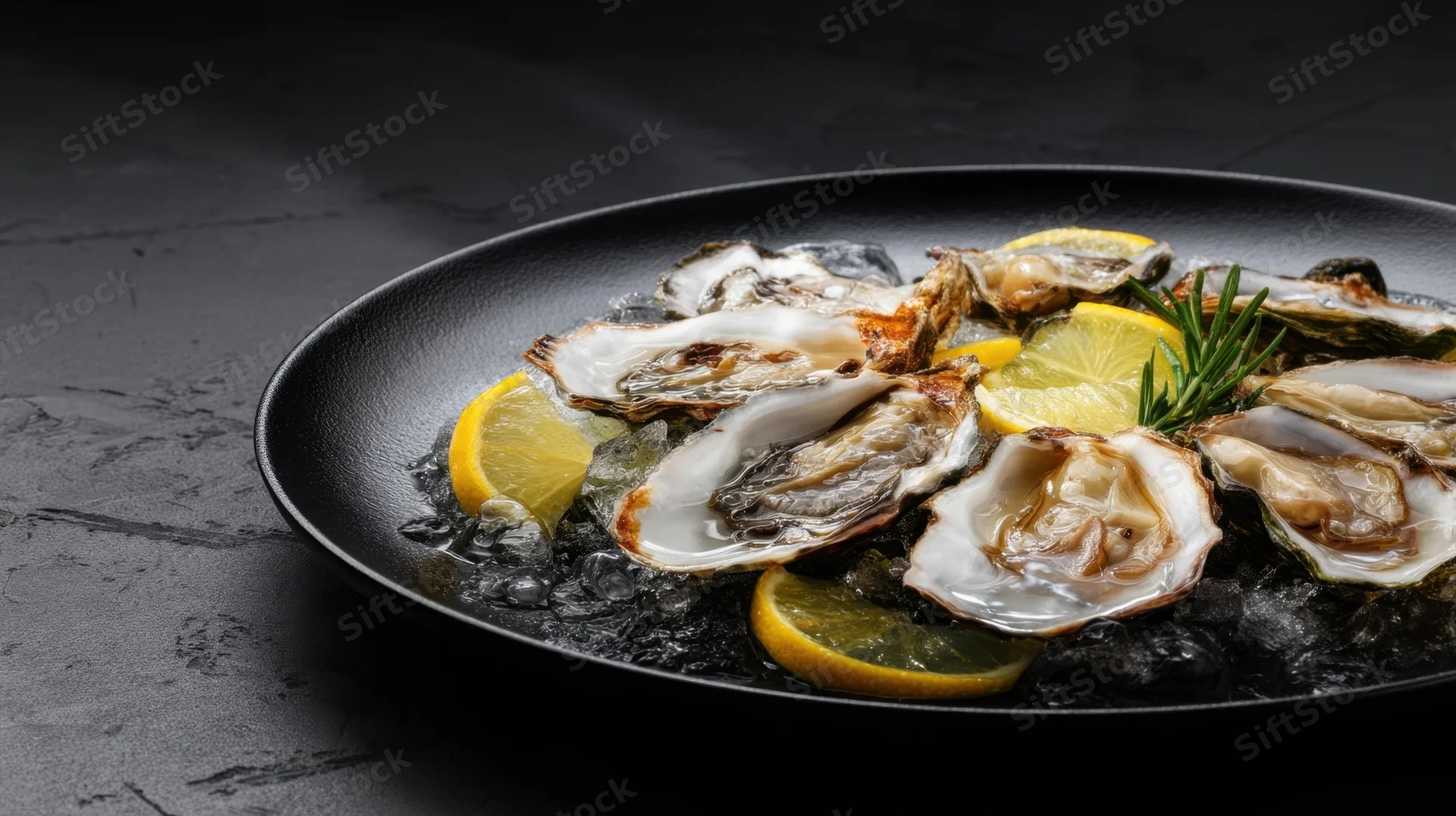 Oysters on ice with lemon and rosemary on a black plate