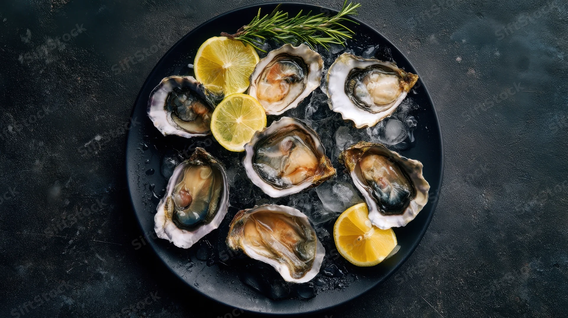 Oysters on ice with lemon and rosemary on a black plate