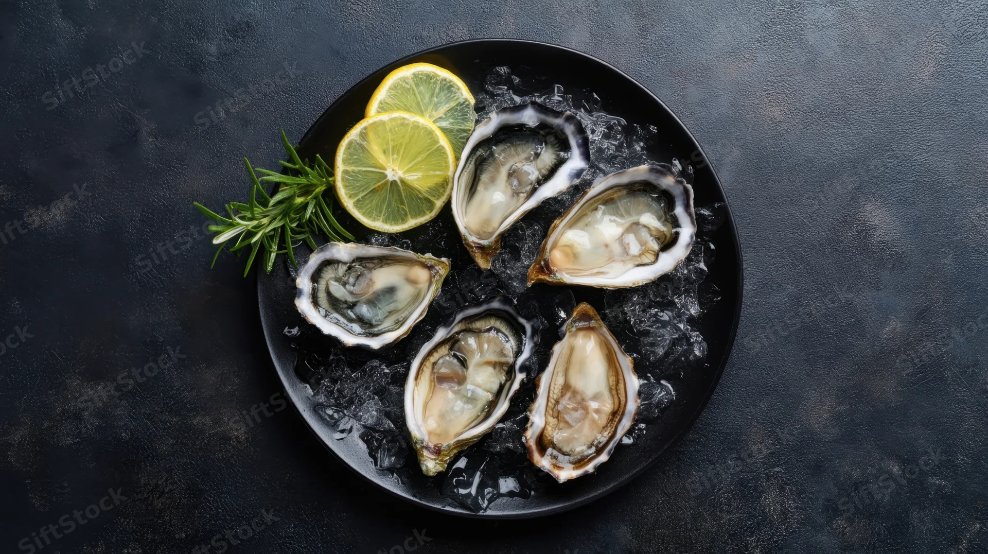 Fresh oysters on ice with lemon and rosemary on a black plate