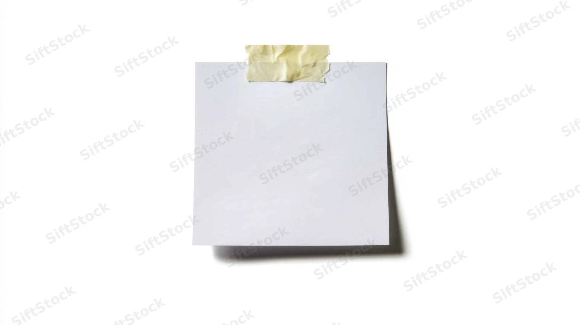 Blank white paper taped to a surface with yellow adhesive tape, isolated on white background