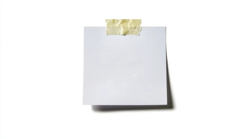 Blank white paper taped to a surface with yellow adhesive tape, isolated on white background