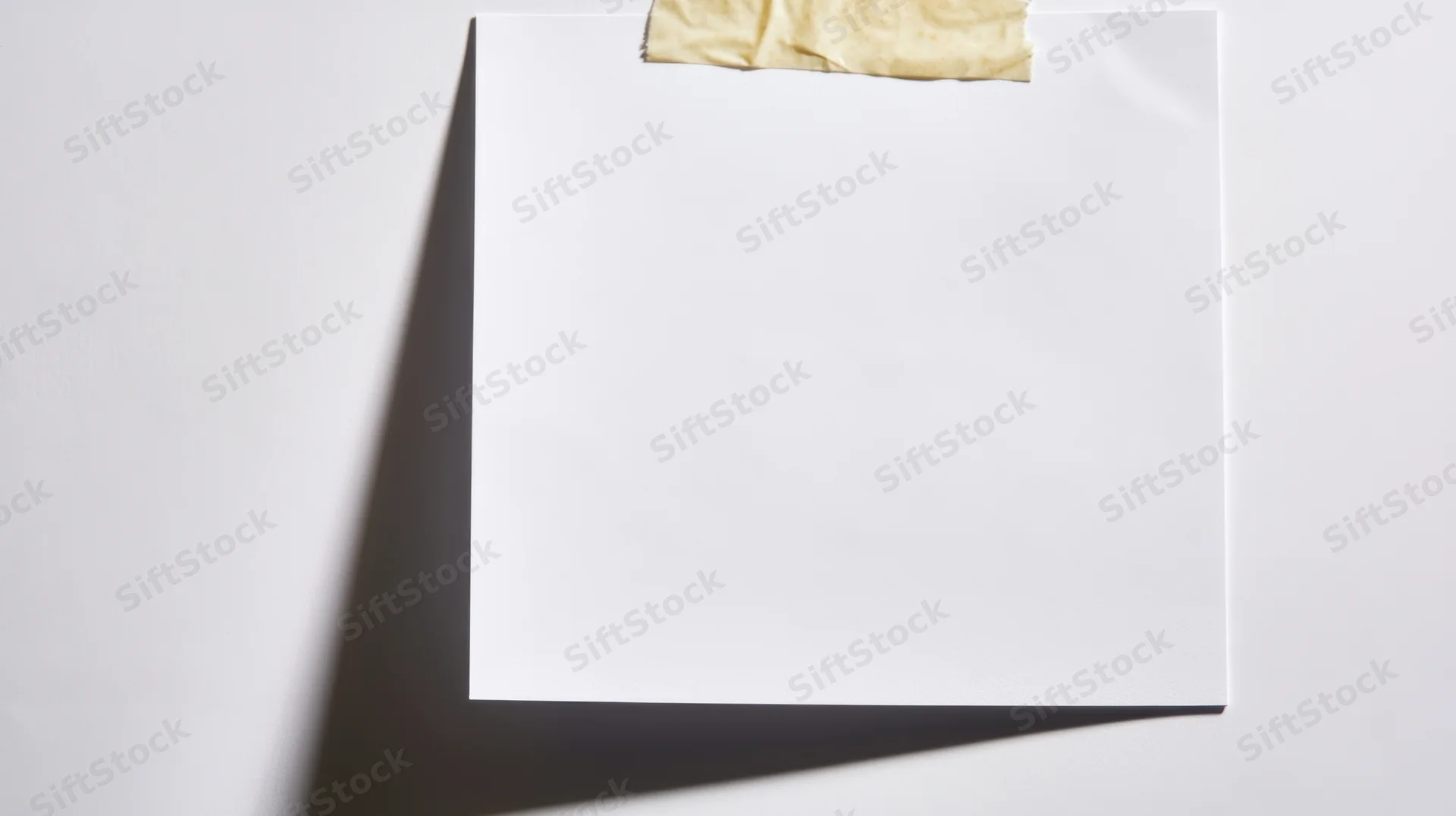 Blank white paper taped to a wall with adhesive tape, casting a shadow on the surface