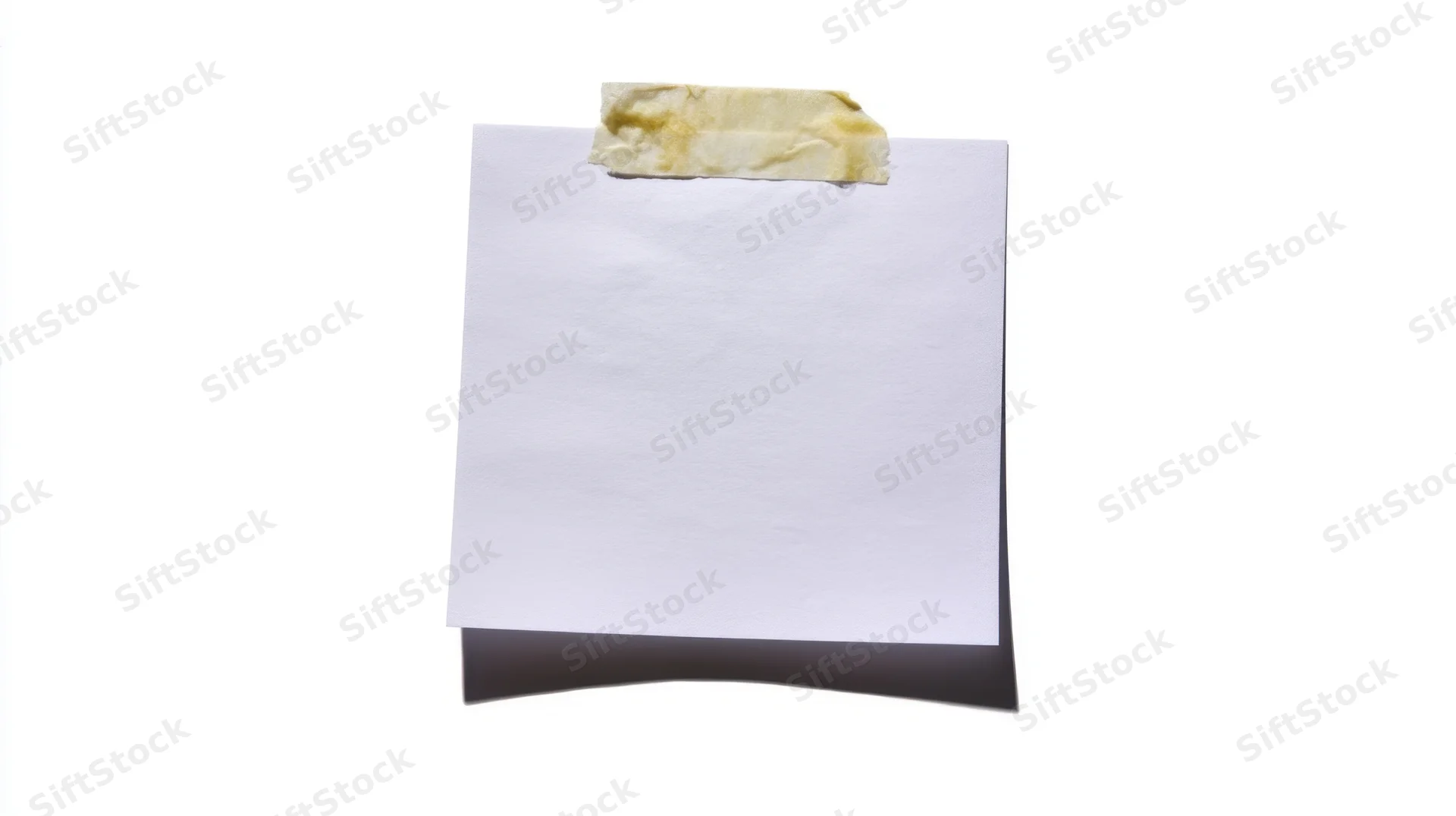 Blank white paper sheet taped to a surface with yellow adhesive tape, isolated on white background