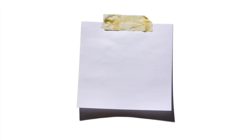 Blank white paper sheet taped to a surface with yellow adhesive tape, isolated on white background